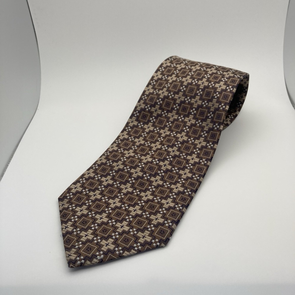 BIJOUX TERNER Brown Beige 100% Silk Neck Tie Hand Made Geometric Pattern